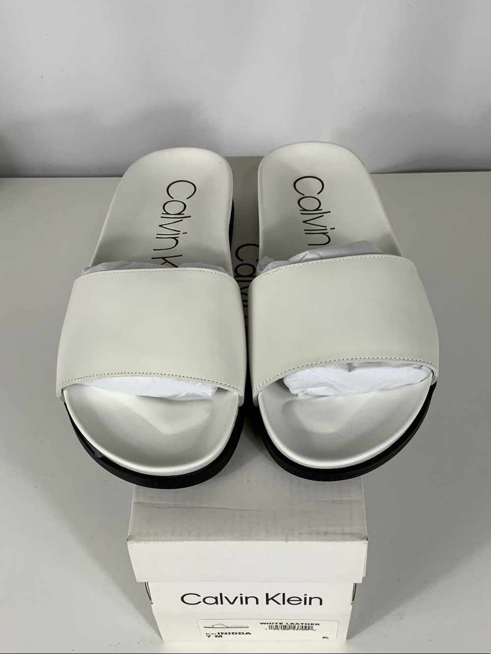 Calvin Klein White Slide Sandals with Black Sole